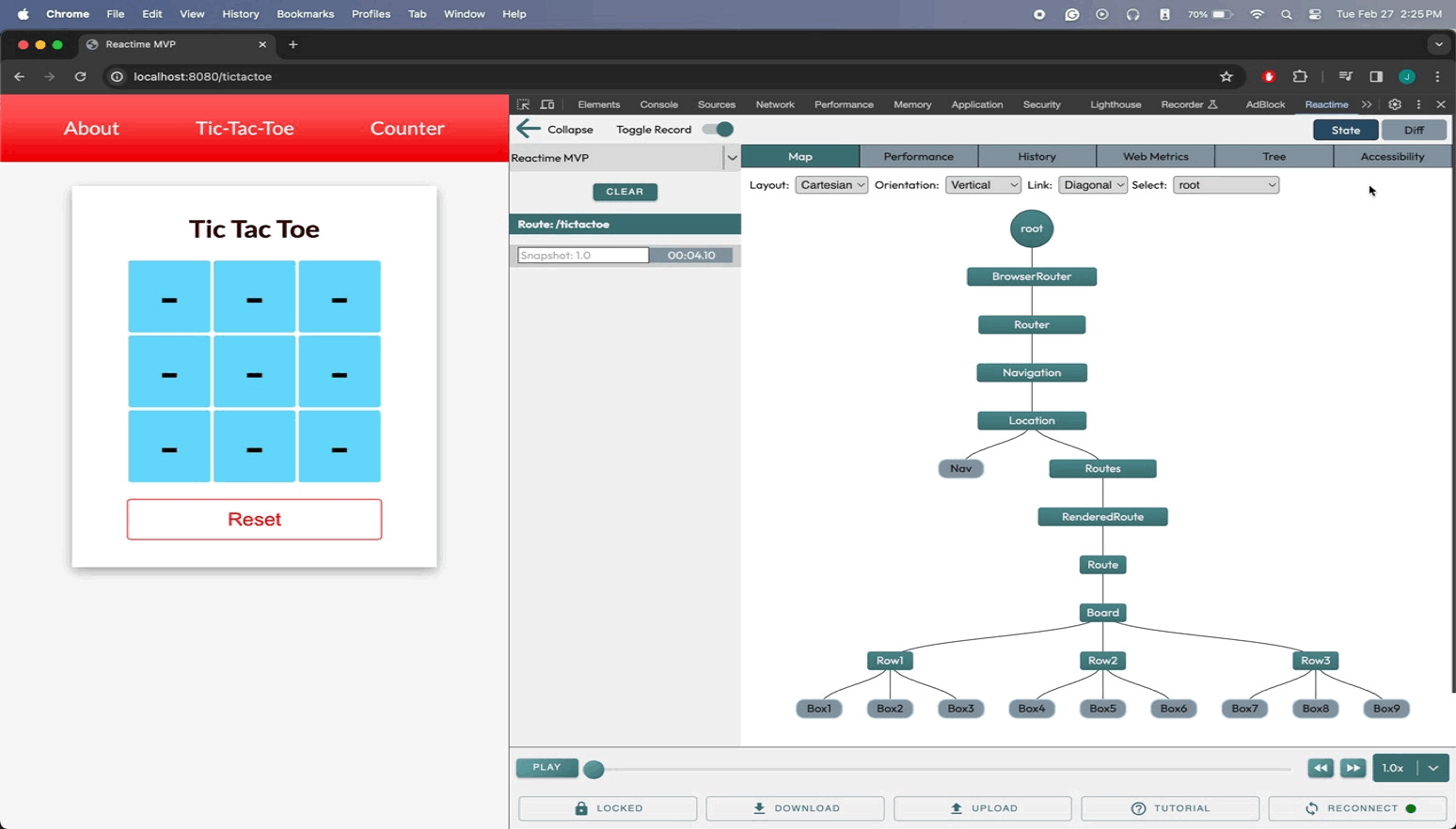 Reactime DevTools extension showing component tree visualization